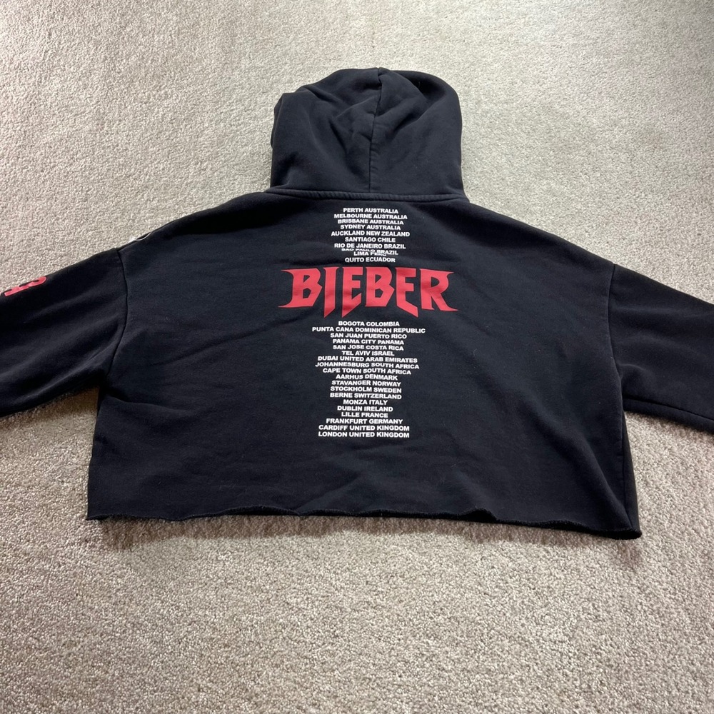 H&M Justin Bieber Hoodie Womens Medium Black Purpose Tour Stadium Cropped - Picture 11 of 13